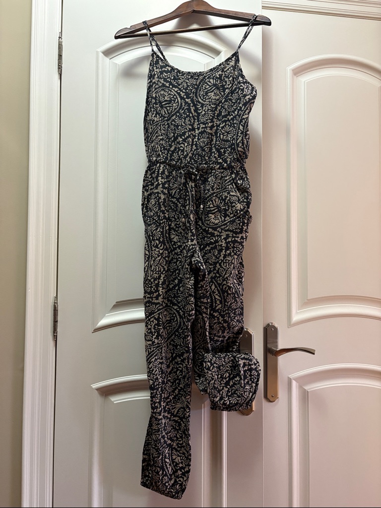 American Eagle Outfitters Black & Cream Printed Spaghetti-Strap Jumpsuit